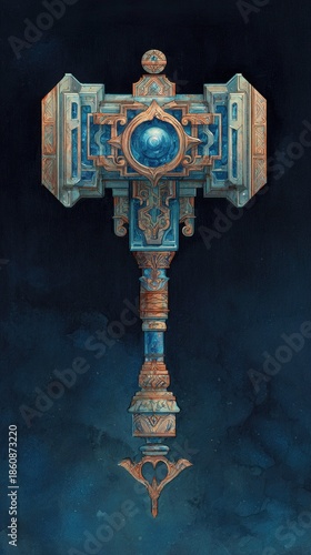 Intricate Fantasy Hammer with Detailed Ornamentation on Dark Background