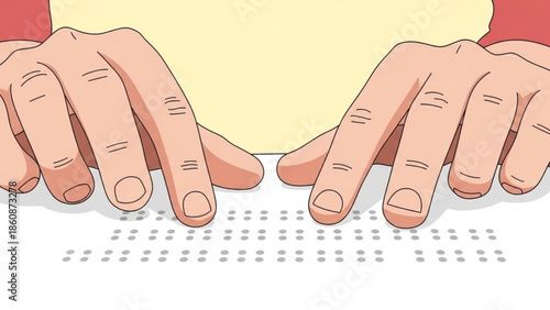 Close up of hands reading braille text on white paper with red sleeves and yellow shirt in background