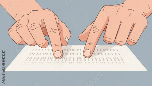 Person reading braille text with two hands on white paper, learning accessibility and literacy skills through tactile reading system, visual impairment and blindness