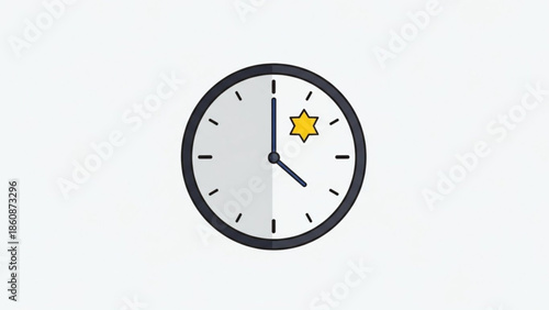 A clock face with a star on a white background, showing time with black hands and a yellow star on the right side, simple illustration