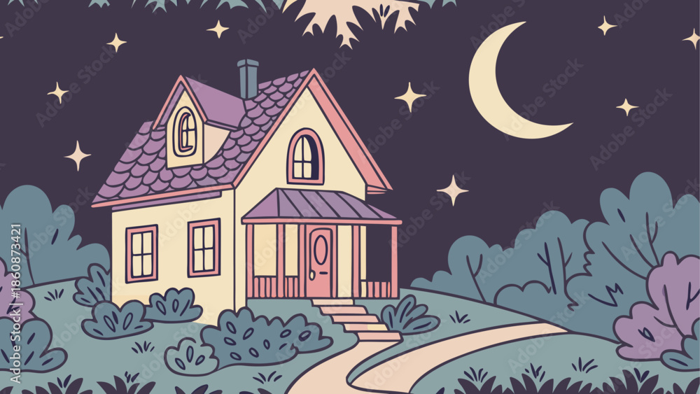 Fototapeta premium Cozy cottage under the moonlit night