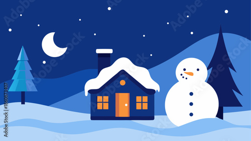 Cozy winter night in a snowy landscape