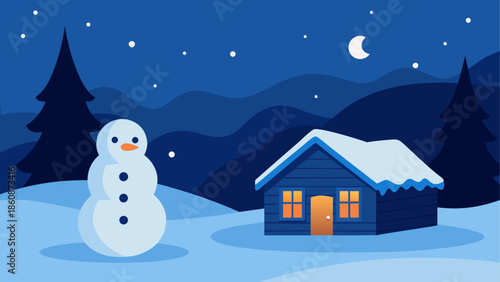 Winter night in snowy village