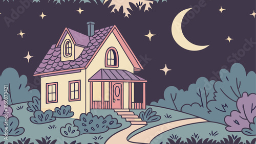 Cozy cottage under the moonlit night