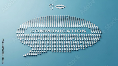Communication concept with speech bubble made of small white spheres on blue background with ear and lips icons