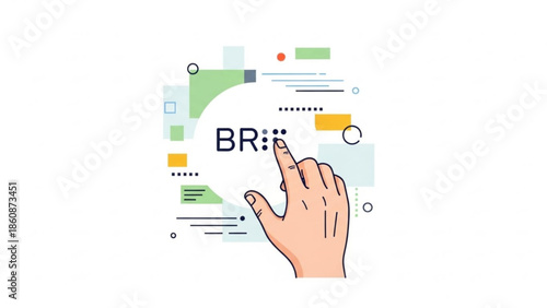 A hand interacting with a colorful digital interface with geometric shapes and a blurred brand logo being pointed at with the index finger on a white background