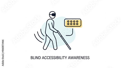 Blind person walking with cane and braille sign, symbolizing accessibility awareness and disability support