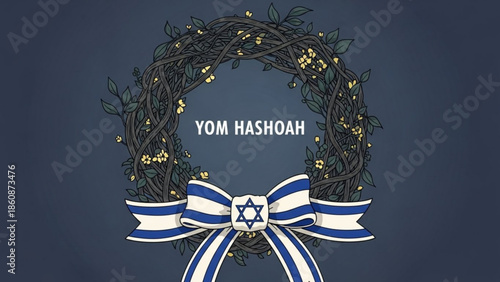 Yom hashoah wreath with blue and white ribbon and star of david on dark background with floral elements