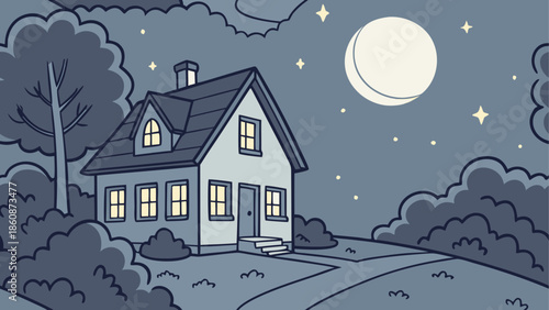 Cozy cottage under moonlit night