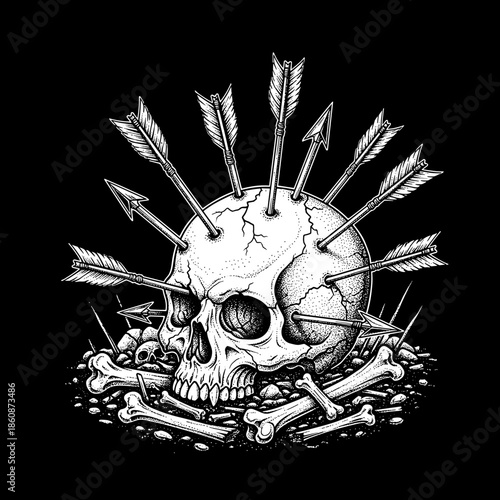 Skull pierced by multiple arrows surrounded by bones.