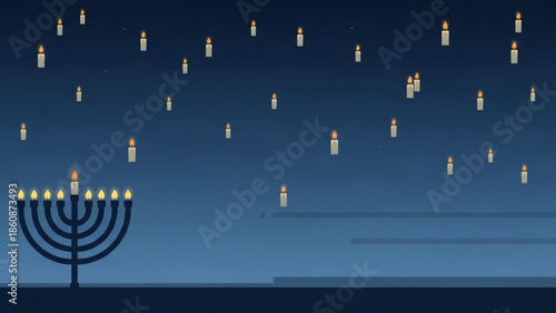 Menorah with lit candles on a blue background with scattered floating candles, symbolizing faith and tradition in a serene atmosphere