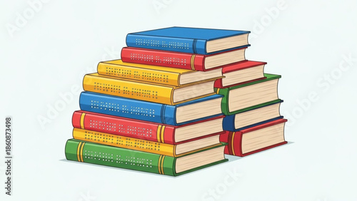 A colorful stack of books with braille on the spines in blue, green, yellow, and red on a light background, symbolizing education and learning