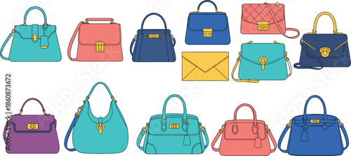 Isometric Women Handbags and Purses Vector Illustration Set Showing Fashion Accessories in Multiple Styles and Colors