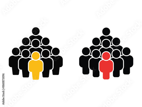Leadership and Individuality Concept Icon Set Featuring a Single Standout Person in Yellow and Red Colors