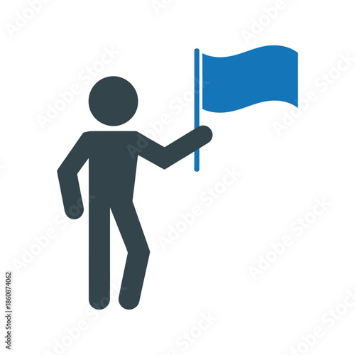 Victory and Success Concept Icon Featuring a Person Silhouette Holding a Blue Flag for Leadership