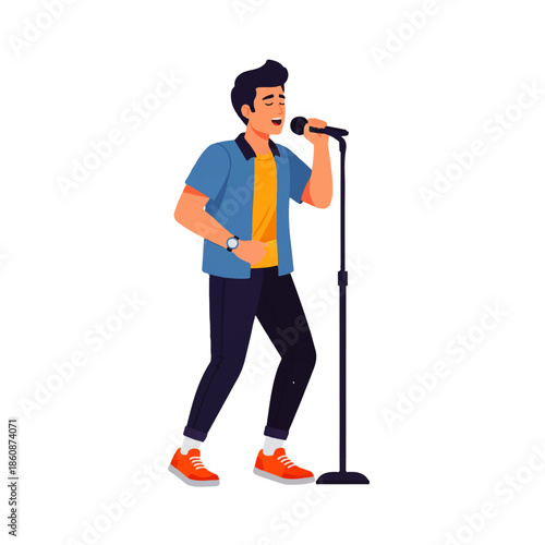 Male Singer Performing with Microphone Flat Vector