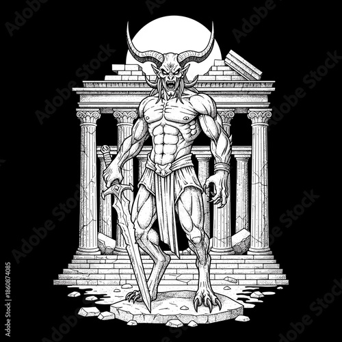 Powerful Demonic Warrior Standing Tall with Sword.