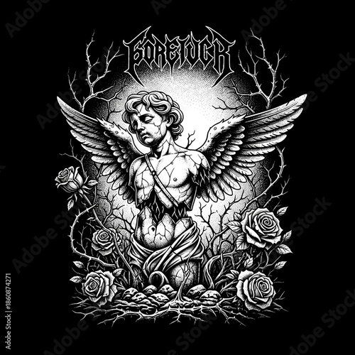 Angelic figure with wings and roses in a dark gothic style.