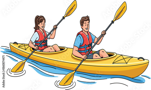 Couple kayaking adventure, tandem yellow kayak, paddling on water, cartoon illustration, outdoor activity, vector design, water sports, fun, teamwork, summer