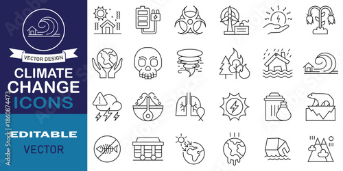 Set of climate change line icons. Global warming, environment, weather, drought and more. Simple line art style icons pack. Vector illustration.