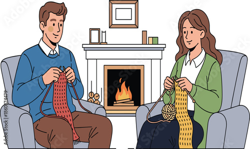 Couple knitting together, man and woman making scarves, cozy home activity, fireplace background, winter hobby, handmade craft, relaxation, lifestyle.