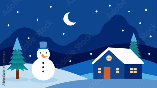 Snowman in winter night landscape