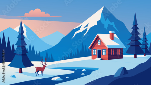 Cozy mountain cabin in winter