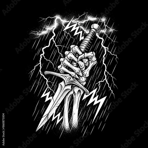 Skeleton hand holding a medieval sword during a thunderstorm.