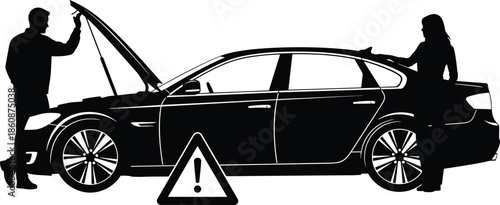 Car breakdown silhouette with man checking engine under hood woman calling for help and warning triangle for roadside assistance services