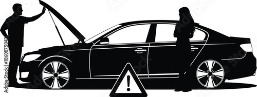 Car breakdown silhouette with man checking engine under hood and woman waiting with warning triangle for emergency roadside assistance service