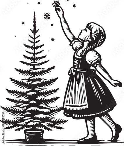 Vintage fashion illustration of a cartoon lady in a Santa Claus costume with a hat and coat holding a bag of gifts by a decorated Christmas tree