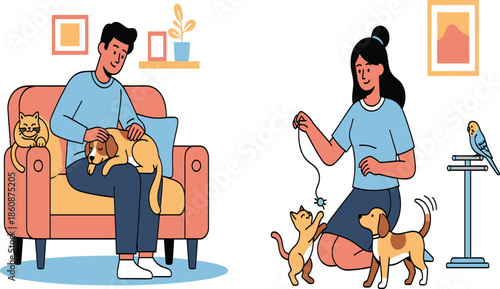 Couple playing with pets at home, man and woman caring for cat, dog, and bird, domestic animals, family lifestyle activity.