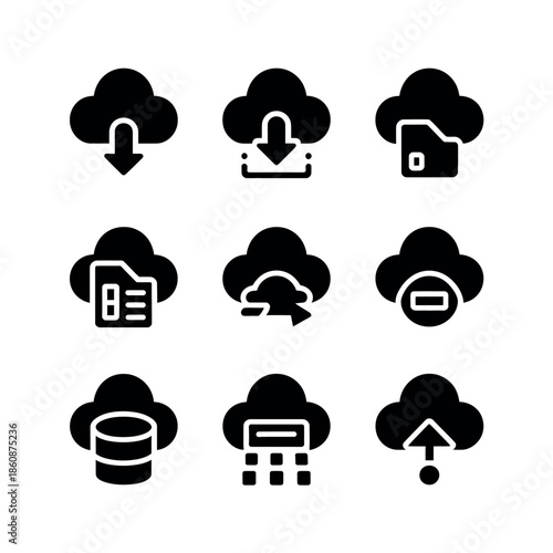 Black glyph icons for cloud computing and data storage