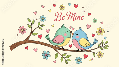Adorable cartoon birds on branch with hearts and flowers
