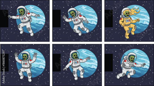Cartoon zombie astronaut character sprite sheet floating in space with planet background for video game animation vector illustration.