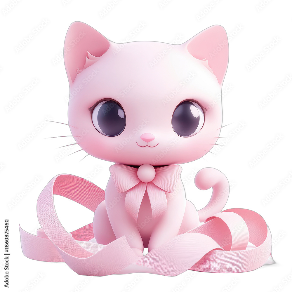 Fototapeta premium Cute Stylized Cat with Pink Ribbon Black Background