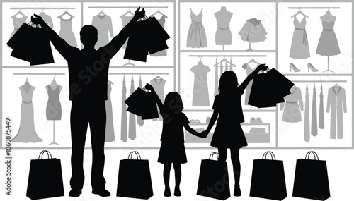 Black silhouette of family with children holding shopping bags in front of a fashion retail store window display on white background.