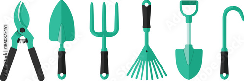 Collection of Professional Gardening Hand Tools Set Including Pruners Trowel Rake and Shovel Flat Vector Illustration Isolated on White Background Design
