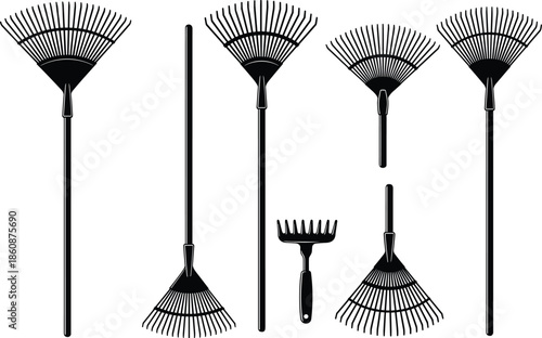Collection of black rake silhouettes on white background, various garden leaf rakes and lawn tools for autumn yard work maintenance,