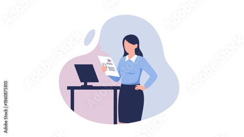 Professional woman analyzing financial reports on digital device in modern office environment