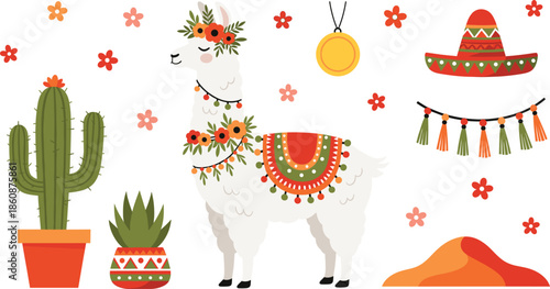 Isometric Cute Llama Vector Illustration Set With Mexican Folk Decor, Cactus, Flowers, and Festive Boho Elements