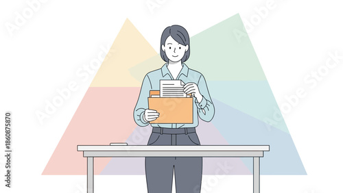 Professional woman organizing documents at desk in an office environment
