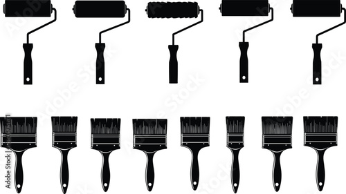 Collection of paint roller and brush silhouettes in black on white, various decorator tools for home renovation and DIY painting projects.