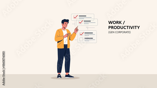 Professional young man organizing and checking task list for increased work productivity in modern