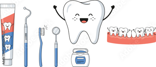 Isometric Dental Care Vector Illustration Set Showing Tooth Character, Oral Hygiene Tools, Toothpaste, and Healthy Teeth Concepts