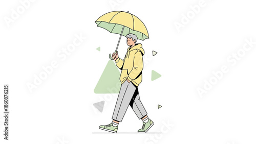 Stylish young man walking with umbrella on a cloudy day wearing casual clothes and sneakers