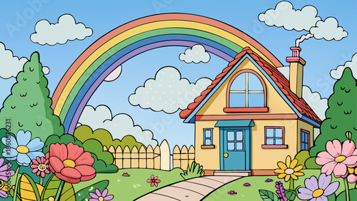 Charming cottage under a vibrant rainbow