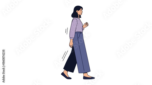 Stylish woman walking confidently with a modern casual outfit on a white background