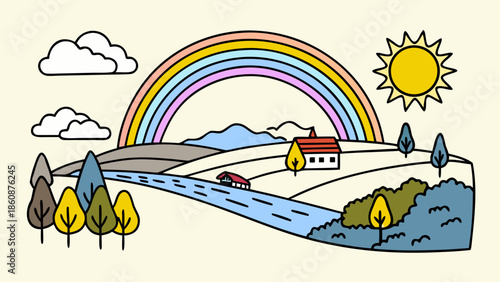 Serene countryside rainbow