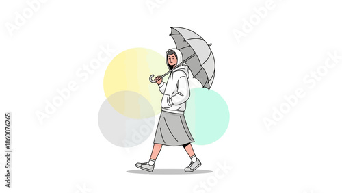 Stylish young woman walking with umbrella in casual outfit on a simple background with colorful